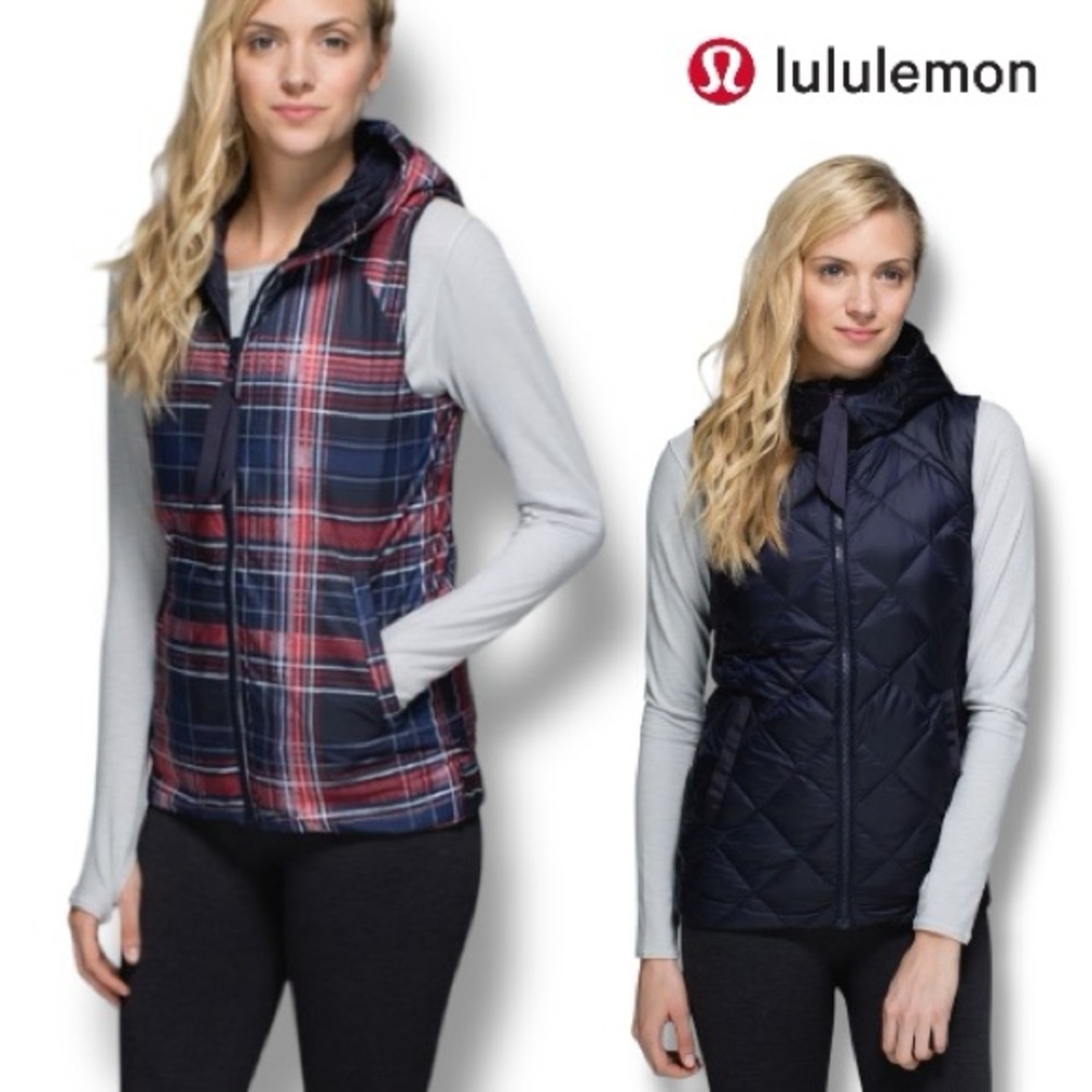 LULULEMON The Fluffiest Down Vest Hood Jacket Navy/Red Plaid Reversible | Size 8